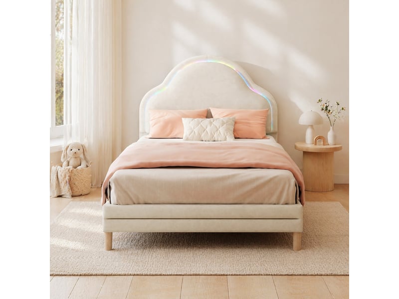  Lit enfant 90x200 cm en velours beige avec tête de lit nuage et led  - Conforama D