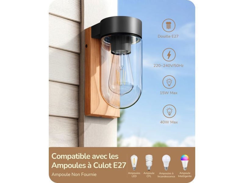  Applique murale exterieure bois aspect aluminium ip44 verre transparent e27 20 x 8 cm 370618_AACPL64741_6_DROPFR - Conforama D