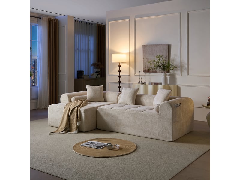  Canapé d’angle beige en chenille 4 places 263 cm - assise ergonomique et poche latérale  - Conforama C
