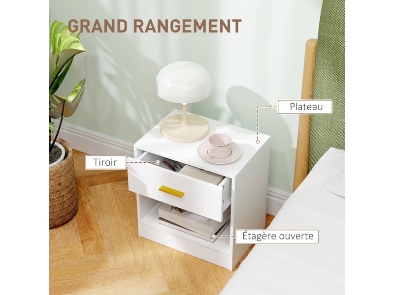  Lot de 2 tables de chevet 39 x 28 x 41 cm rangement tiroir et étagère moderne élégant en panneau de particules blanc 21_0001658  - Conforama D