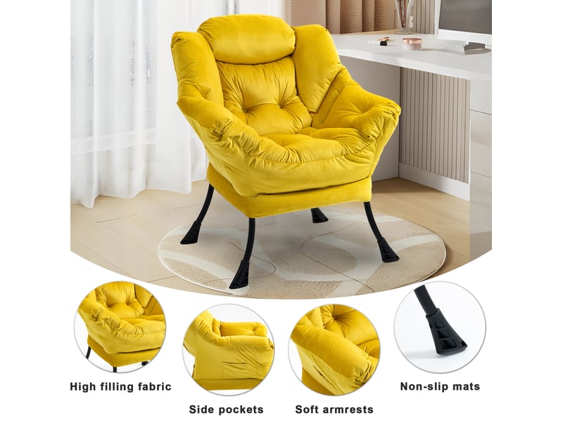  Fauteuil relax jaune à structure métallique avec poche latérale et appui-tête, idéal pour lire et se détendre  - Conforama E