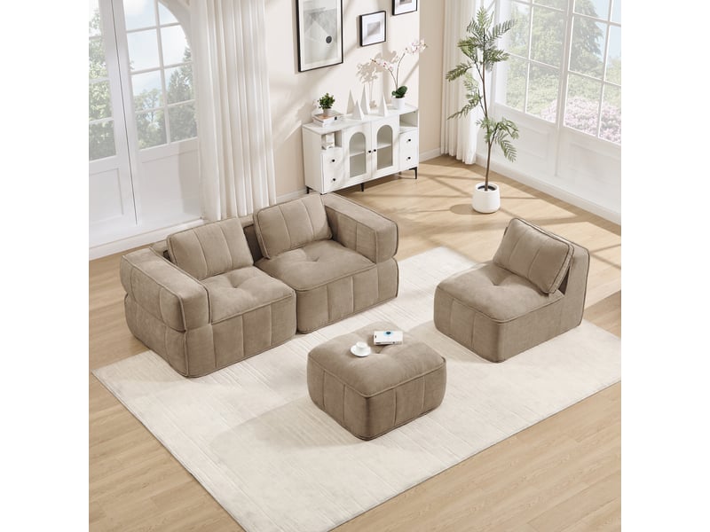  Canapé modulable, canapé 3 places, en tissu, avec pouf, pour salon, mobilier pour espace de vie, adapté à l'espace de vie  - Conforama D