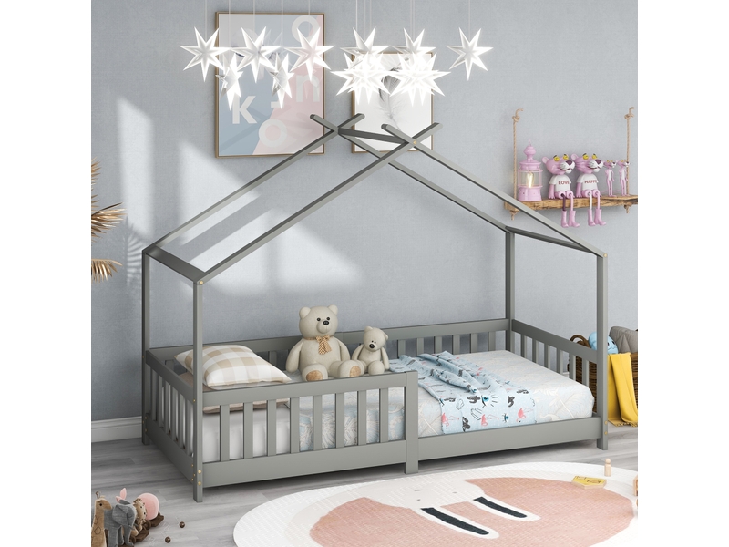  Magnifique lit cabane, lit enfant, en bois massif avec barrière et sommier à lattes, avec protection antichute pour chambres d'enfants et d'adolescents, gris (200x90cm)  - Conforama B