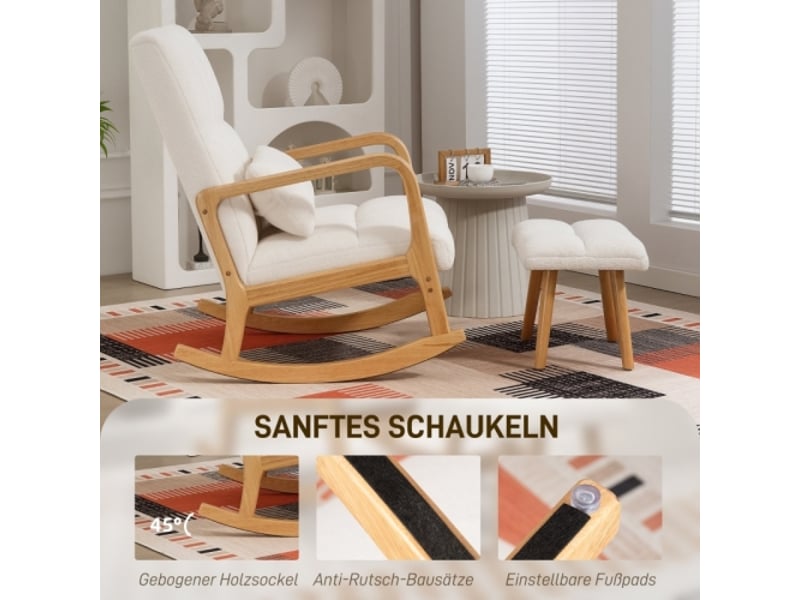  Fauteuil à bascule blanc avec repose-pieds, tissu polaire, accoudoirs et dossier haut, rembourré  - Conforama D