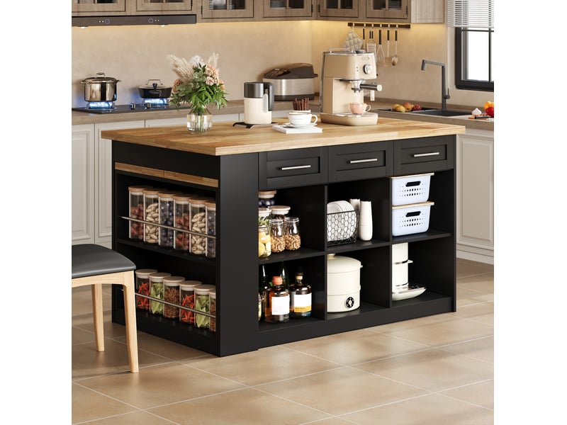  Îlot de cuisine multifonctionnel 150x90x90 cm avec table extensible mdf noir et naturel  - Conforama D