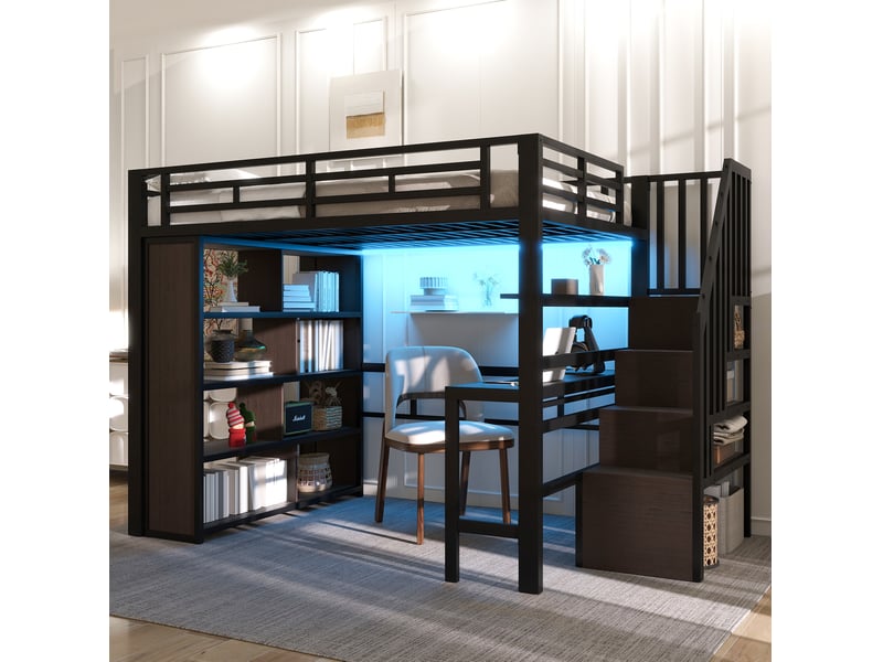  Lit mezzanine 140x200 cm en métal et mdf avec bureau, rangements et éclairage led noir  - Conforama D