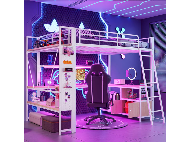  Lit mezzanine double 140x200 cm avec bureau intégré, étagères, rangements, panneau perforé, led pilotée par application, port usb, métal et mdf, blanc  - Conforama B