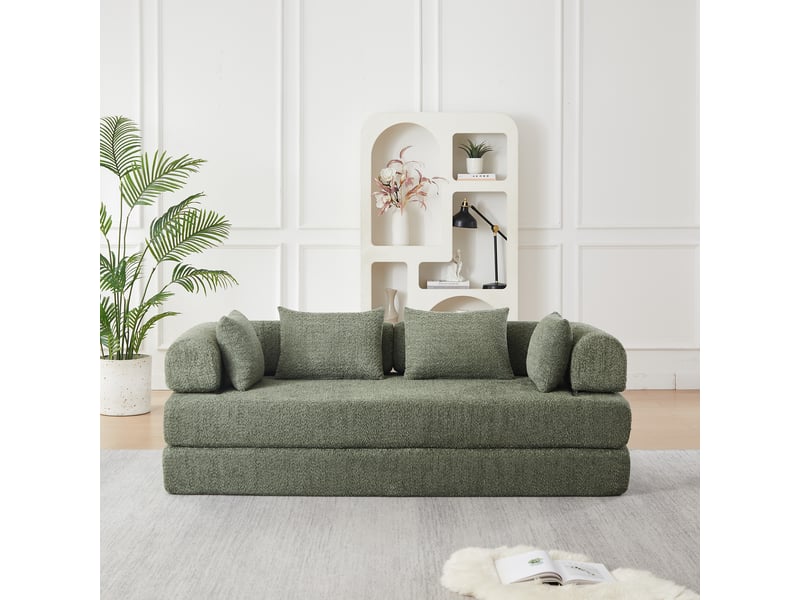 Canapé convertible 2 places modulable 4-en-1, dossier réglable, sans montage, base antidérapante, 4 coussins, tissu chenille vert  - Conforama D