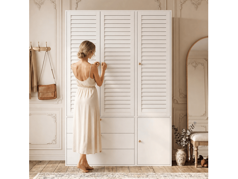 Armoire 3 portes à lamelles avec 3 tiroirs, 2 tringles et porte-pantalons, blanc, 135 × 50 × 200 cm - Conforama B