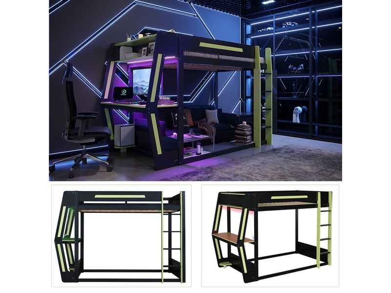 Lit mezzanine 120 × 200 cm 1 place avec bureau, espace pc, étagères et éclairage led, sans matelas, noir et vert - Conforama E