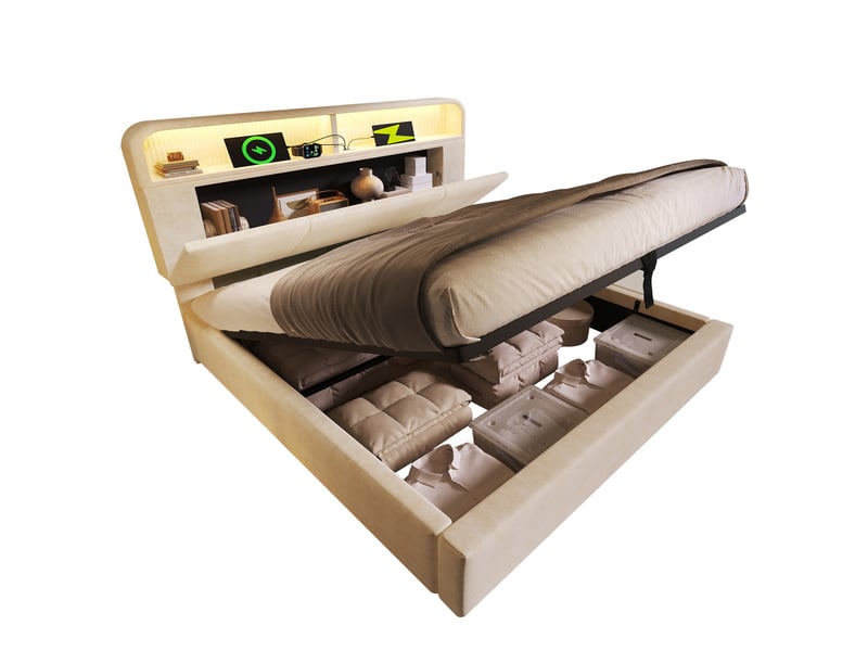  Lit coffre, lit double 140x200 cm, rangement hydraulique, tête de lit avec rangement, led, usbusb-c, matelas inclus, velours beige  - Conforama W