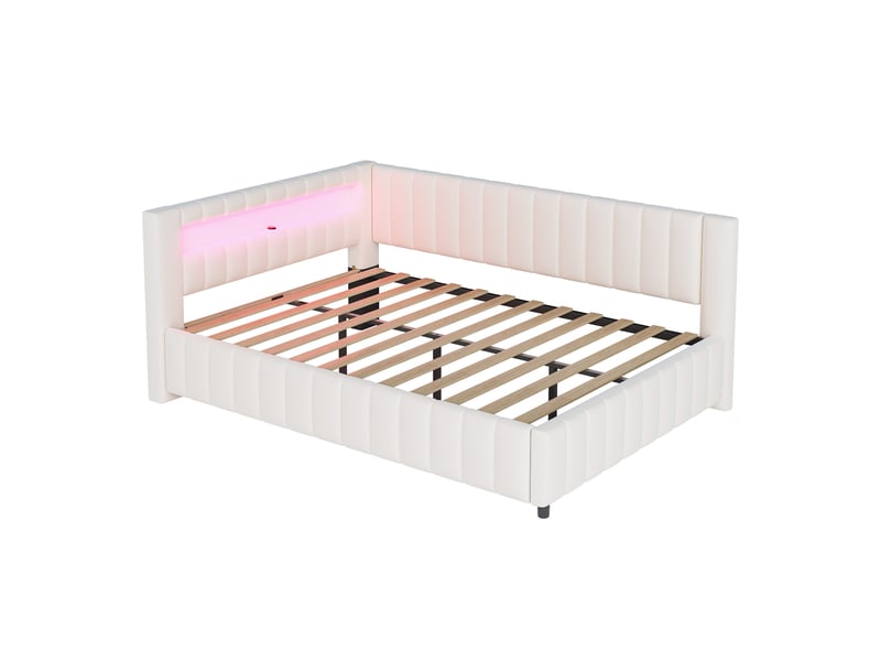  Lit capitonné 140x200 cm beige en velours, led, usb, dossier et cadre de lit stable  - Conforama A