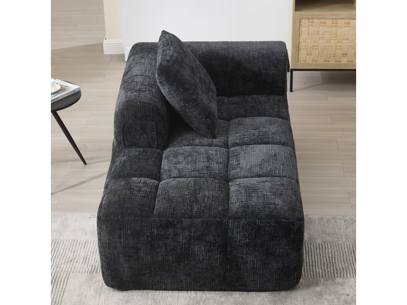  Canapé noir en chenille avec méridienne, coussin inclus et poches latérales pratiques pour salon  - Conforama R