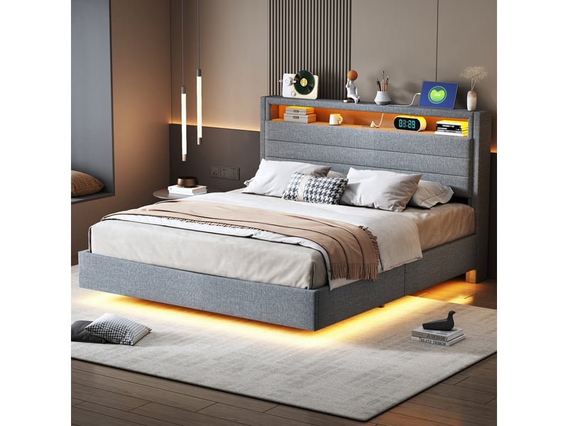  Lit coffre 140 x 200 cm gris, éclairage led, port usb et rangement hydraulique en lin  - Conforama C