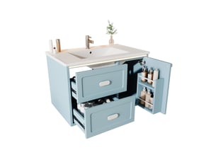 Meuble vasque suspendu avec led à détecteur et 2 tiroirs - vasque intégrée en céramique mdf bleu 76 × 46 × 51 cm