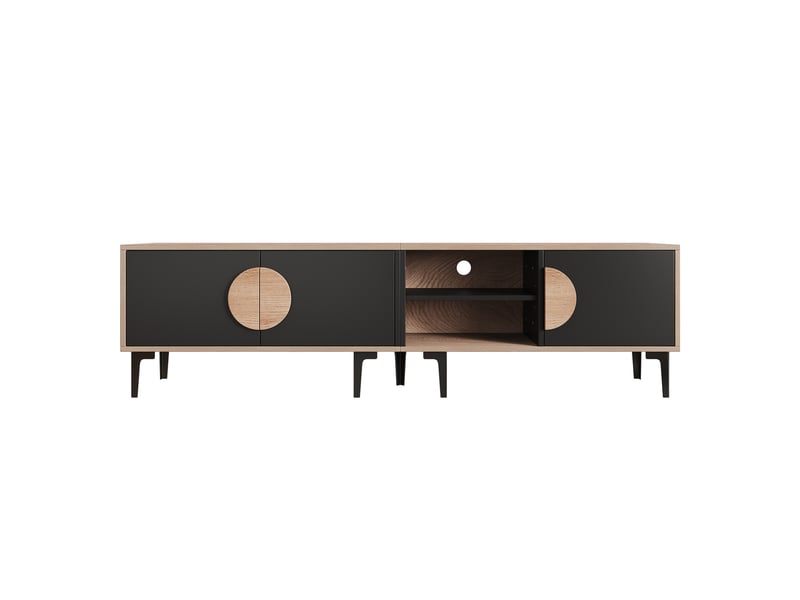  Meuble tv 3 portes, 2 niches, fermeture douce pour le salon en panneaux de particules 180×35×49 cm noir bois naturel  - Conforama C