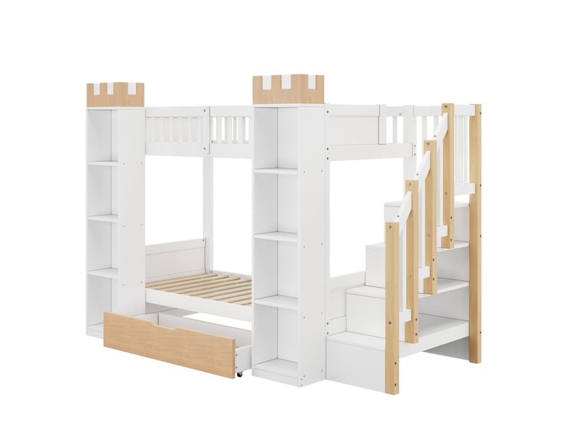 Lit superposé enfant 90x200 cm avec escalier de rangement, blanc et bois, sans matelas - Conforama E