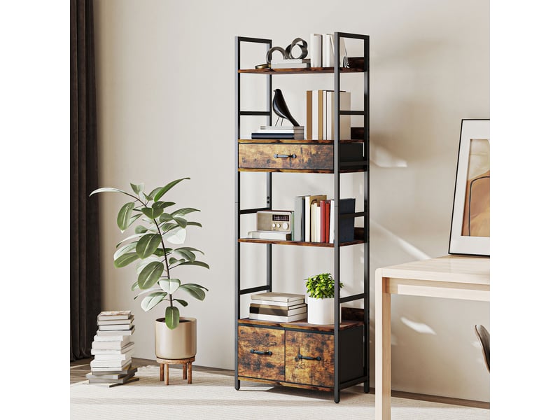  Bibliothèque étagère de rangement à 6 niveaux avec 4 étagères, 3 tiroirs en tissu, 60x30x176cm, brun rustique  - Conforama C