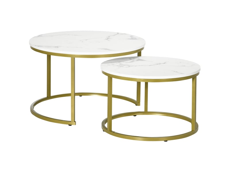  Tables basses gigognes lot de 2 avec plateaux décor marbre, pieds réglables en acier doré, blanches, pour salon  - Conforama A