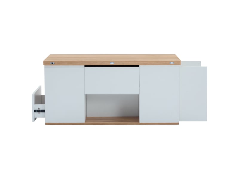  Table basse multifonctionnelle relevable - plateau dépliable en 2 tables, blanc + bois naturel, grande capacité, meuble de salon moderne, table de salle à mangerbureau, table de détente, multifonctionnelle  - Conforama E