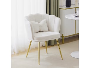 Fauteuil moderne en velours, dossier pétale, pieds métal doré et coussin papillon