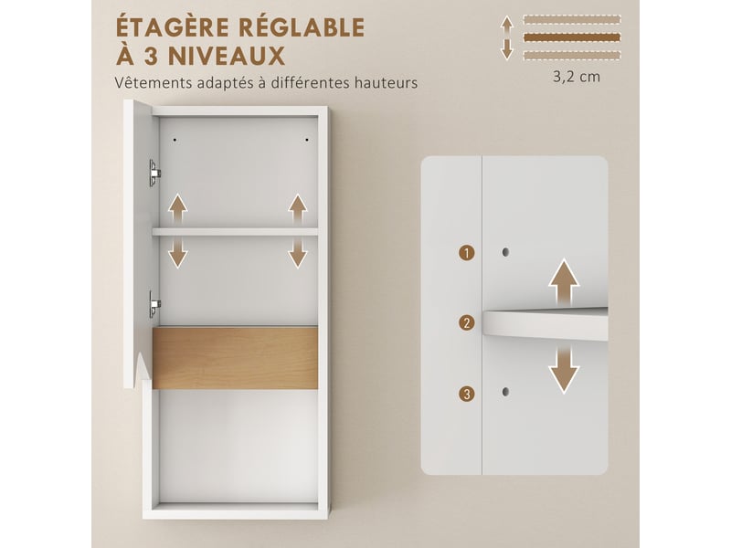 Armoire murale de salle de bain avec porte à fermeture douce, 30x17x67cm, étagère réglable et compartiment ouvert, blanc - Conforama R