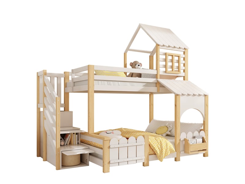 Lit superposé enfant cabane 90x200 et 140x200 cm avec escalier de rangement, blanc et bois - Conforama A
