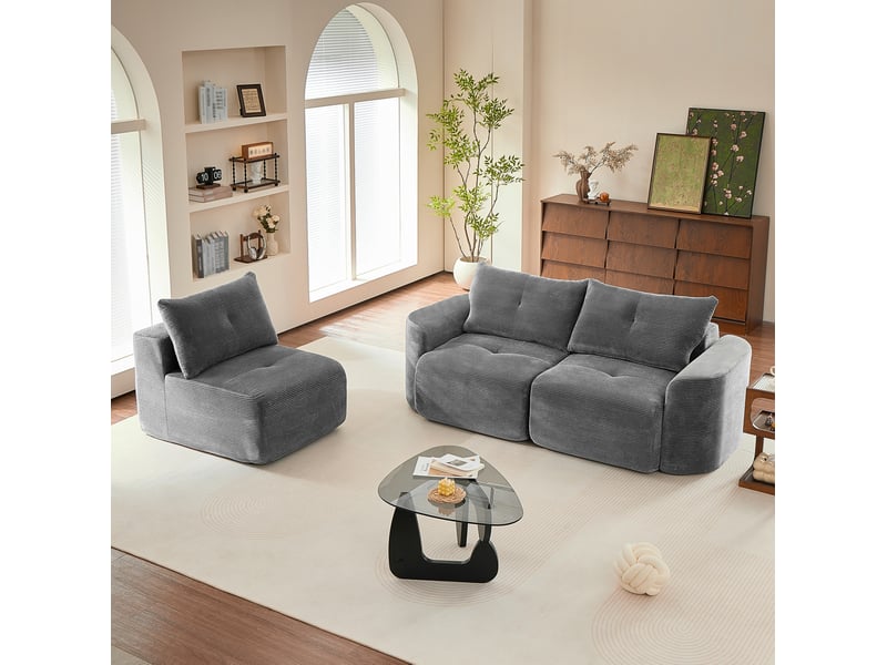 Canapé modulable 3 places couleur gris, configuration 2+1, design arrondi, mousse, revêtement côtelé - Conforama E