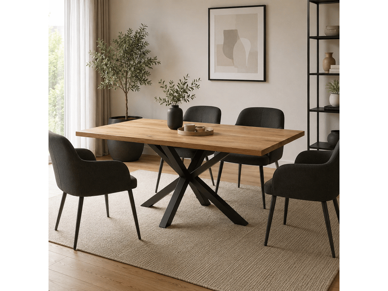  Table à manger avec bord droit coloris chêne massif naturel et pieds en métal forme croisée - longueur 180 x profondeur 100 x hauteur 76 cm  - Conforama B