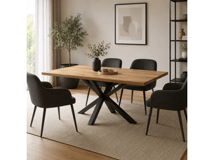 Table à manger avec bord droit coloris chêne massif naturel et pieds en métal forme croisée - longueur 180 x profondeur 100 x hauteur 76 cm