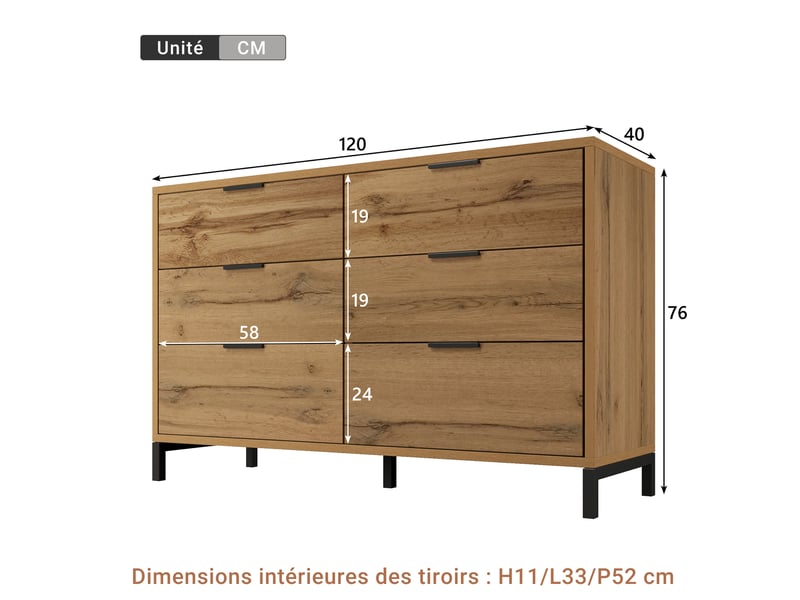  Commode à 6 tiroirs en chêne foncé 120 x 40 x 76 cm  - Conforama E