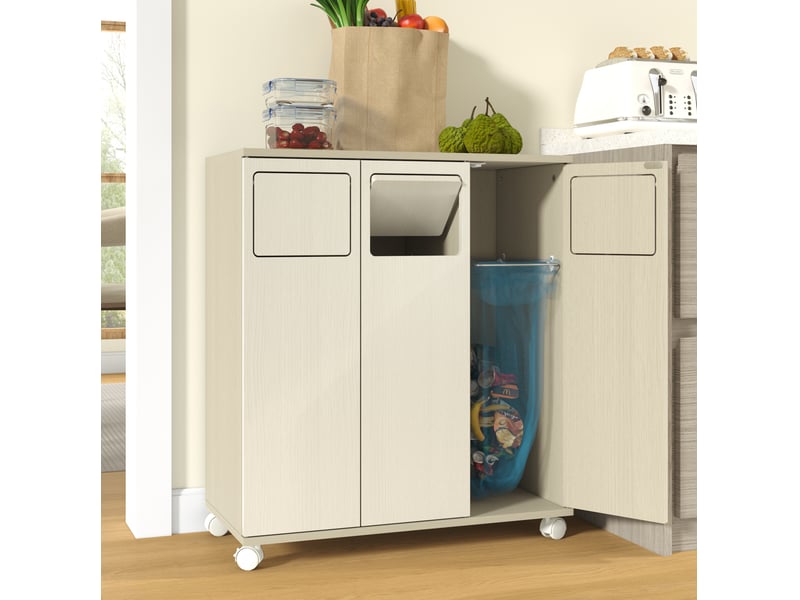 Meuble de tri des déchets 69,3x35x80 cm, blanc, aspect bois clair, mdf, 3 compartiments pour cuisine - Conforama E
