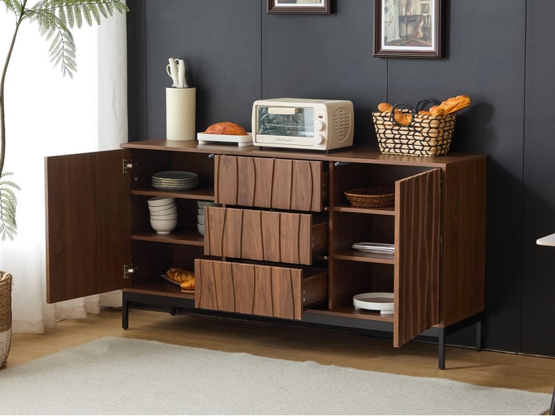  Buffet de cuisine, 3 tiroirs et 2 portes, meuble de rangement pour la cuisine, le salon, 150x40x80cm, marron  - Conforama B