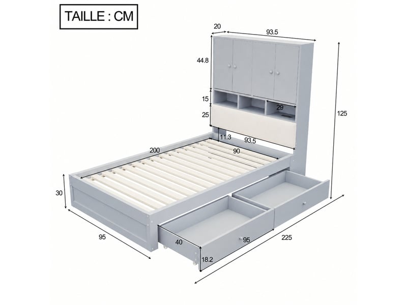  Lit avec tiroirs, lit simple 90x200 cm en bois avec 2 tiroirs, étagères, led et prise, sans matelas, gris  - Conforama D