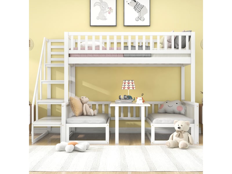  Lit superposé enfant,90x200 cm et 120x200 cm,avec escalier et table modulable,blanc  - Conforama B