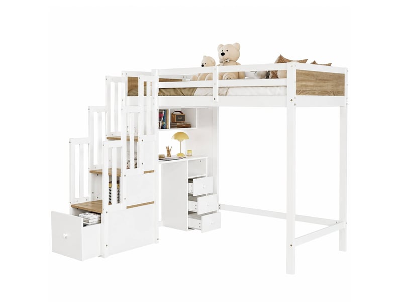  Lit mezzanine enfant 90x200 cm avec bureau, rangements et escalier blanc naturel  - Conforama A