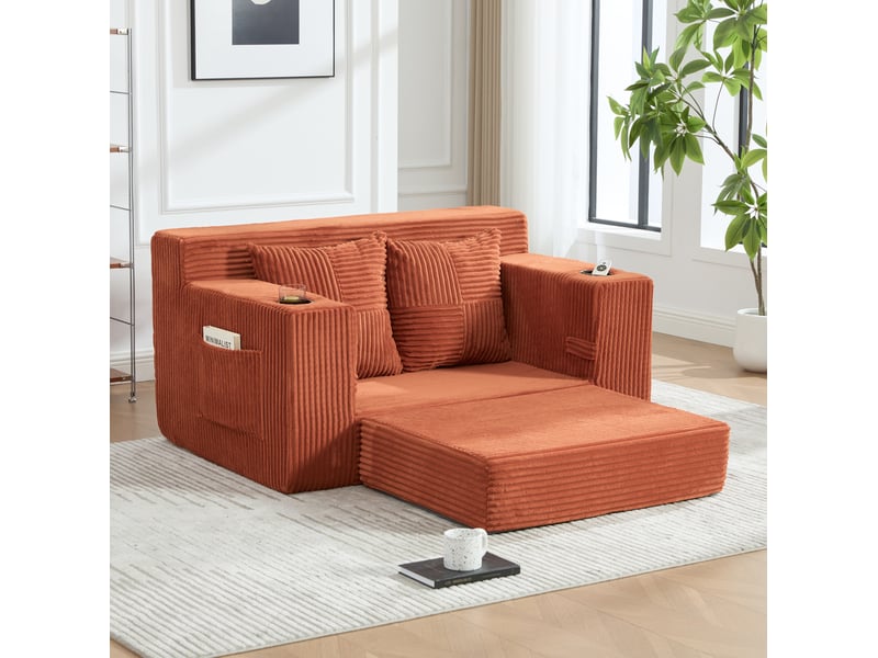  Fauteuil pouf double avec coussins et poches latérales, assise ergonomique en velours côtelé orange, 151 × 133 × 64 cm  - Conforama C