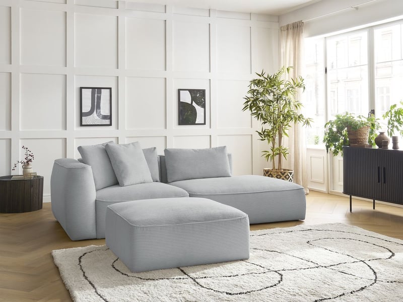  Bobochic canapé droit fixe 3 places leopold velours côtelé avec pouf gris clair  accoudoir gauche LEOPOLD - Conforama D