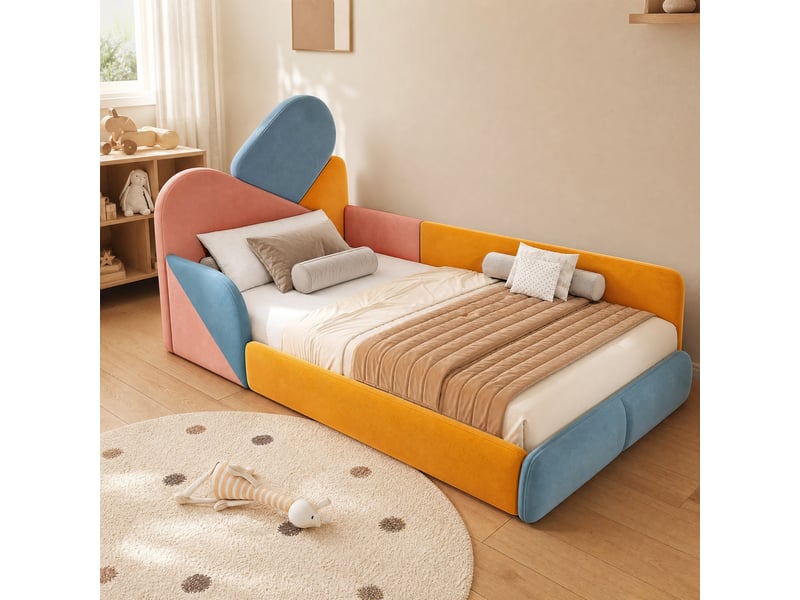  Lit enfant 90x200 cm côtés surélevés en velours multicolore  - Conforama C