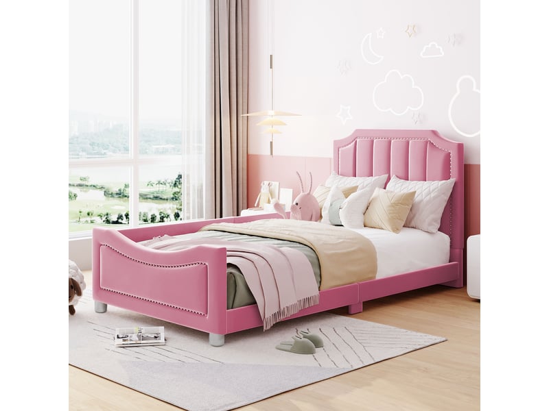  Lit enfant lit rembourré 90x200cm, canapé-lit cadre de lit en flanelle lit souple avec dossier accoudoir lit simple, rose  - Conforama D