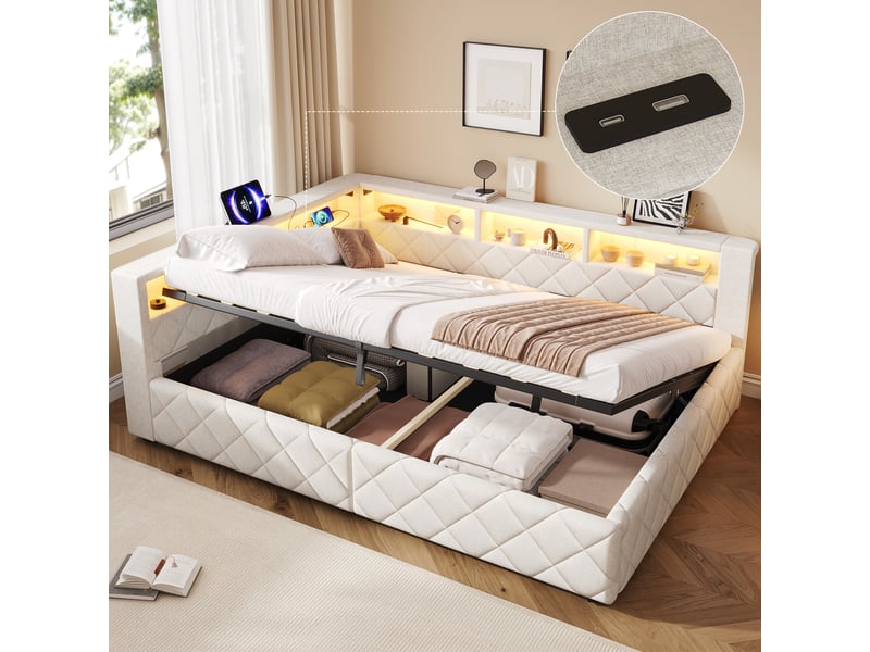  Lit banquette coffre 140 x 200 cm avec rangement hydraulique et éclairage led, velours beige, sans matelas evarich - Conforama B