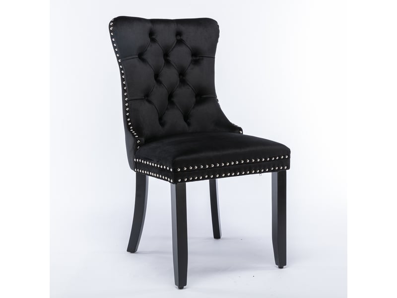  Lot de 2 chaises de salle à manger en velours noir, dossier haut capitonné, clous décoratifs, pieds en bois massif, style français élégant  - Conforama A