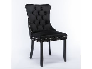 Lot de 2 chaises de salle à manger en velours noir, dossier haut capitonné, clous décoratifs, pieds en bois massif, style français élégant