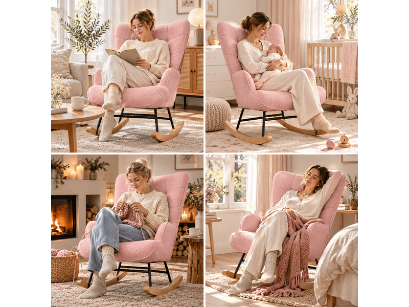  Fauteuil à bascule teddy, fauteuil berçant allaitement haut dossier avec accoudoirs, chaise berçante confortable pour lecture, salon, chambre bébé, adulte  - Conforama C