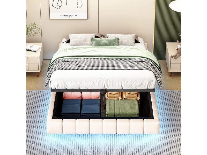  Lit coffre 140 x 200 cm, lit double flottant avec rangement hydraulique et éclairage led, sans tête de lit, revêtement en lin, beige  - Conforama D