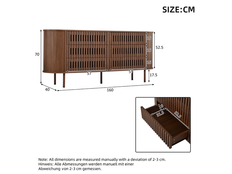  Commode 6 tiroirs - 160x40x70cm - commode basse de salon avec côtelés ajourés &amp; angles arrondis - noyer  - Conforama E
