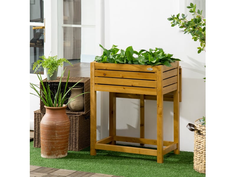  Jardinière surélevée avec table 64x63x74,5 cm – marron – plan de travail pliant et bac doublé de feutre  - Conforama B