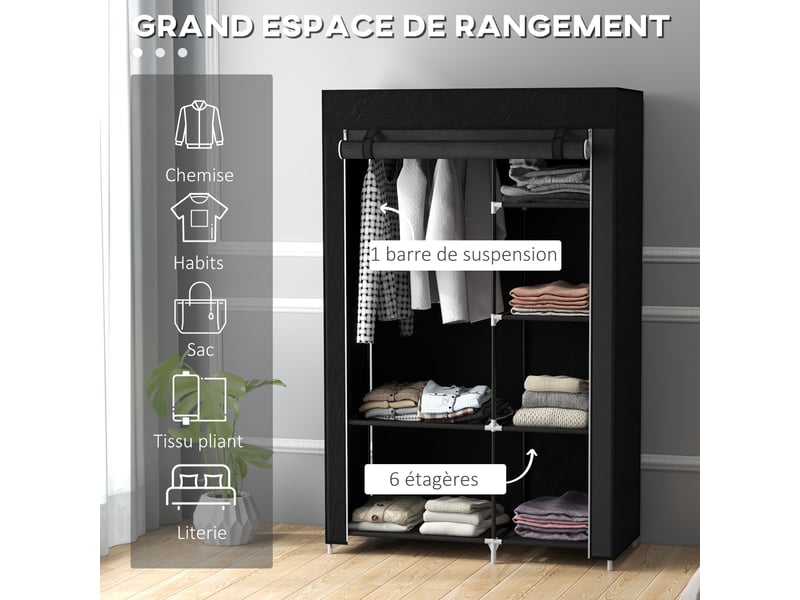  Armoire penderie multi-rangement - 6 étagères, 1 barre - non tissé noir  - Conforama E