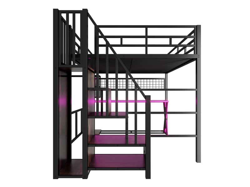 Lit mezzanine 160 x 200 cm avec bureau, armoire, led et escalier avec rangement, lit double en métal noir avec étagères et garde-corps - Conforama E