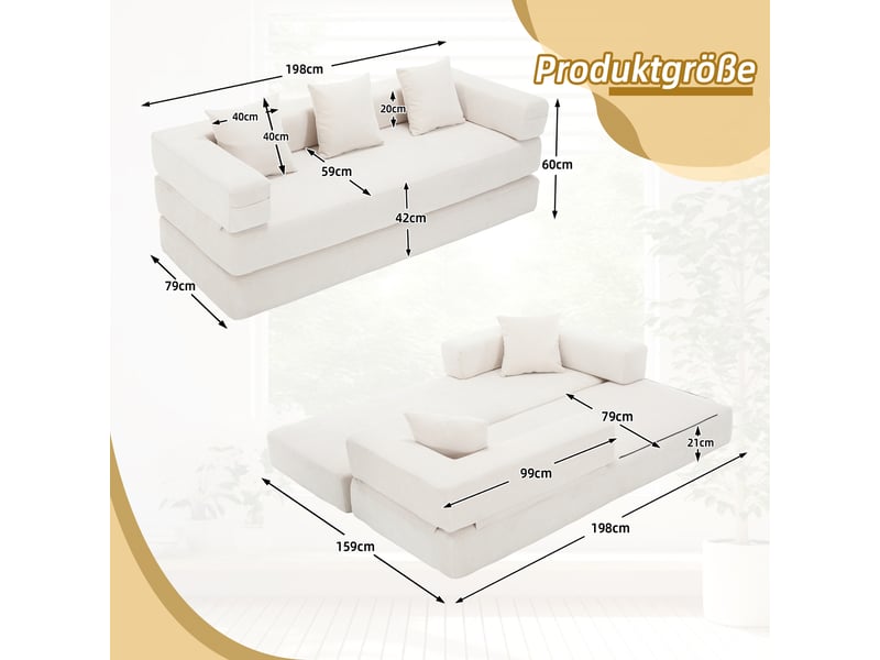 Canapé modulable 2 places 198x79x60 cm convertible en lit 198x159x41 cm, blocs combinables, poches latérales, base antidérapante, chenille beige - Conforama D